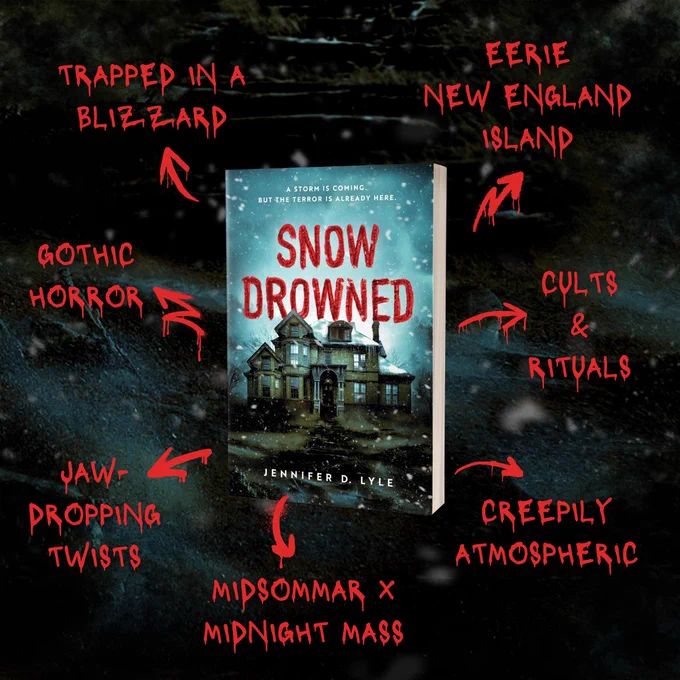 A trope wheel featuring the book Snow Drowned by Jennifer D. Lyle against a dark, murky background. The tropes include, starting from top left and going clockwise: trapped in a blizzard, eerie New England island, cults and rituals, creepily atmospheric, Midsommar x Midnight Mass, jaw-dropping twists, Gothic horror.