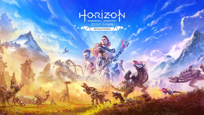 Key art for Horizon Zero Dawn Remastered showing Aloy and her companions on a vibrant background surrounded by machines