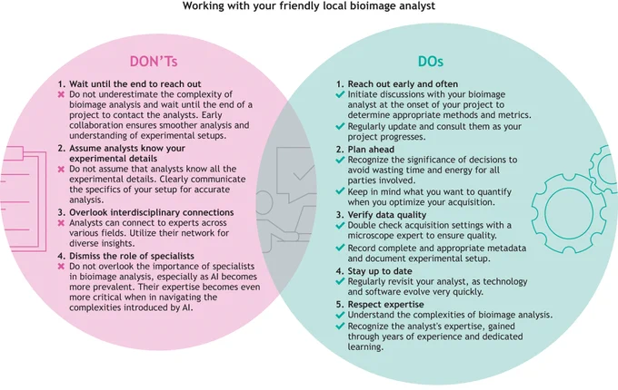 A figure titled "Working with your friendly local bioimage analyst", with a medium-sized red circle titled DON'Ts and a large green circle titled DOs. Items under DON'Ts include "Wait until the end to reach out", "Assume analysts know your experimental details", "Overlook interdisciplinary connections", and "Dismiss the role of specialists"; items under DOs include "Reach out early and often", "Plan ahead", "Verify data quality", "Stay up to date", and "Respect expertise".