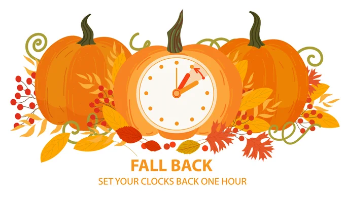 three pumpkins withe middle pumpkin is a clock showing it going back 1 hour and it says "Fall Back set your clocks back one hour"