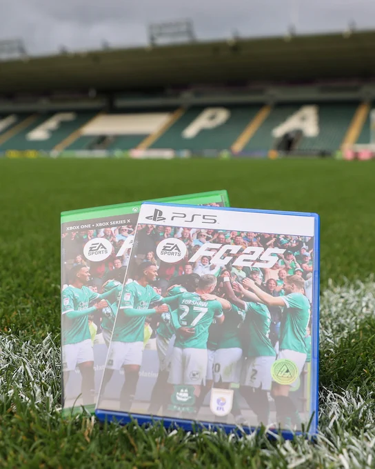 An Xbox and PS5 copy of FC25 with an Argyle-branded cover, with Home Park in the background.