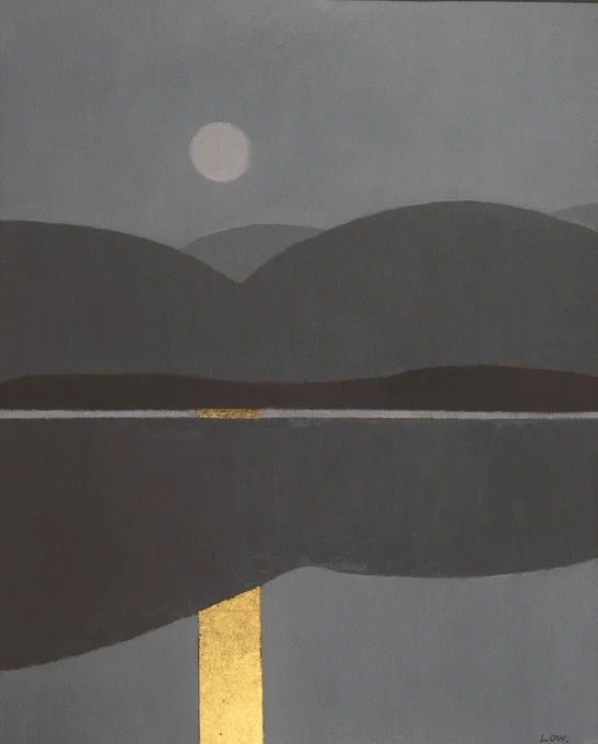 Oil painting entitled Calm Water, Mill Bay, Hoy dating to 1972. The composition is in various shades of grey with a pale white-grey circular moon low above the smooth, rounded forms of the hills. The shapes of the hills are reflected in the still, grey-blue of the water but it is not an exact mirror reflection. A streak of light from the moon shimmers on the water, represented in the painting by a long, narrow rectangular shape defined in gold leaf.  