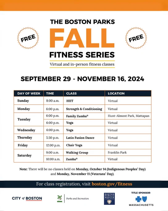 Boston Parks FREE Fall fitness series class schedule. Visit boston.gov/fitness