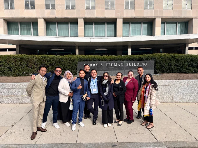 Indonesian participants of the U.S. Department of State's International Visitor Leadership Program (IVLP) pose for a group photo in front of the U.S. Department of State in Washington, DC in October, 2024.