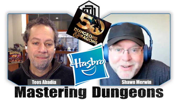 Teos and Shawn having fun recording the show. Images of the D&D golden 50th anniversary logo and the blue Hasbro logo are superimposed.