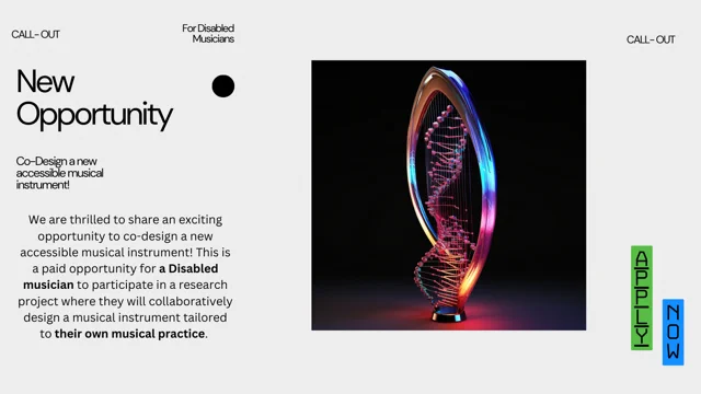 A text heavy graphic for a co-design accessible instrument project, accompanied by an AI generated image. Text is explained in full in caption.