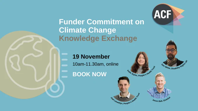 Funder Commitment on Climate Change Knowledge Exchange graphic with headshots of the four speakers. Wording: 19 November, 10am-11.30am, online, book now