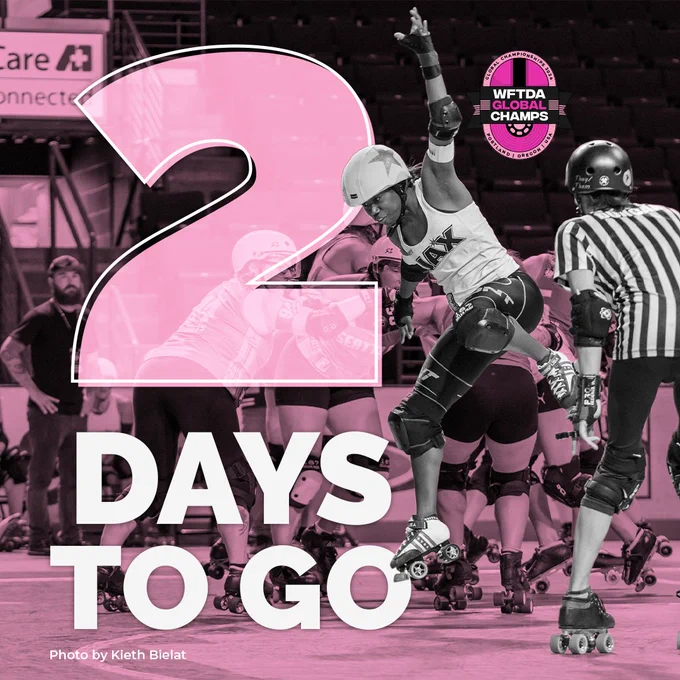 Graphic with photo of a roller derby referee observing a jammer jumping the apex, with the 2024 WFTDA Global Champs logo and text overlay that says, "2 Days to go!"