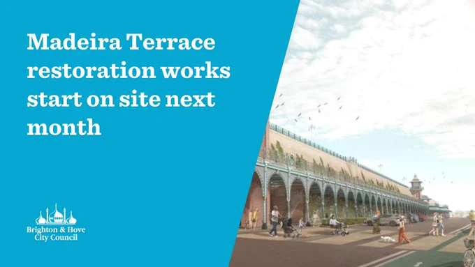 An artist's impression of the restrored Madeira Terrace arches from MAdeira Drive. Text reads: "Madeira Terrace restoration works start on site next month."