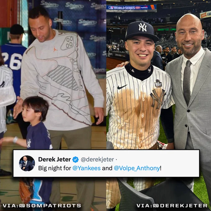 A split photo of Derek Jeter and Anthony Volpe. On the left, a young Anthony Volpe meets Derek Jeter during his playing days. On the right, Anthony Volpe takes a photo with Derek Jeter after Game 4 of the World Series. 