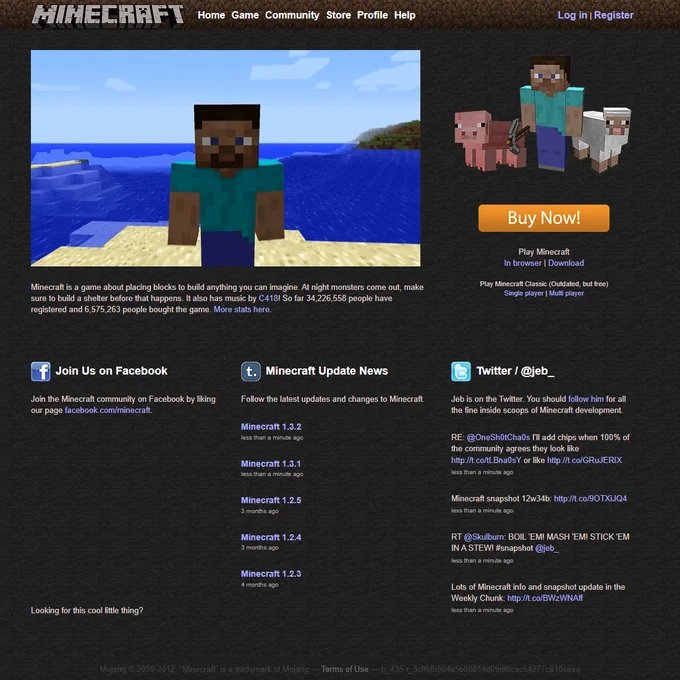 Minecraft homepage in 2012