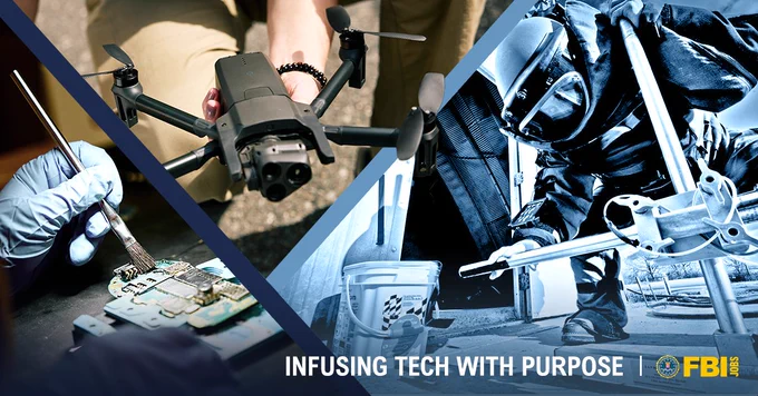 Image of drone, tech, and person in helmet. Infusing tech with purpose. FBIJobs logo.