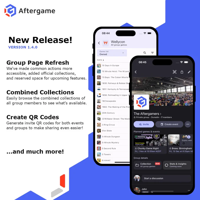 Release notes with screenshots illustrating the refreshed group page and combined collections. 
Text in the image reads: New Release! Version 1.4.0
Group Page Refresh - We've made common actions more accessible, added official collections, and reserved space for upcoming features.
- Combined Collections - Easily browse the combined collections of all group members to see what's available.
- Create QR Codes - Generate invite QR codes for both events and groups to make sharing even easier!
...and much more!
