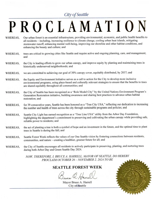 Photo of Proclamation for Seattle Forest Week