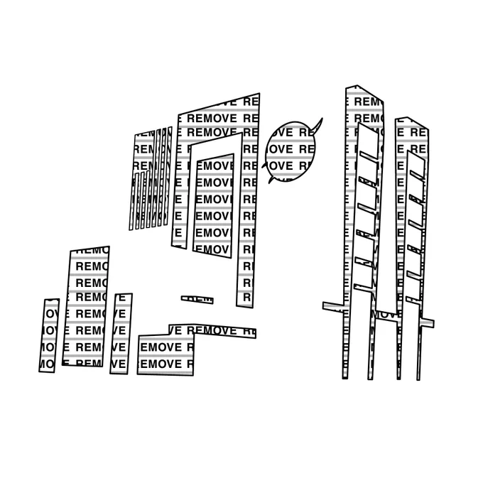 A pumpkin carving stencil design depicting the Vehicle Assembly Building (VAB) at NASA's Kennedy Space Center. The VAB appears against a white background. The spaces intended to be carved out of the pumpkin read, "Remove." Credit: NASA