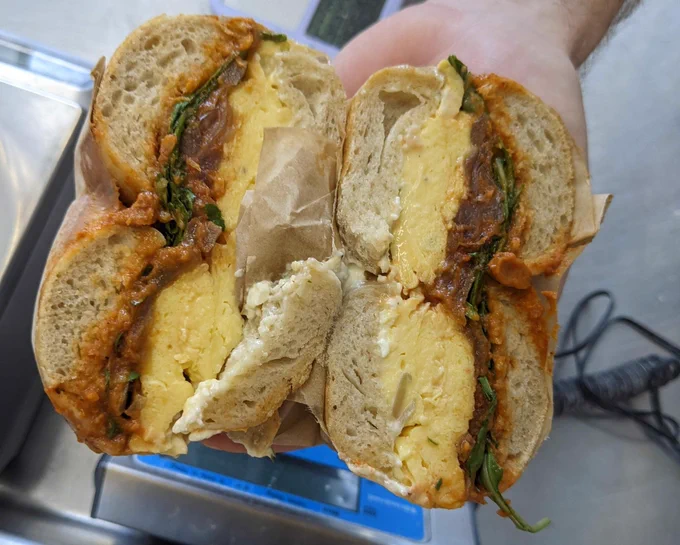 bagel sandwich cut in half