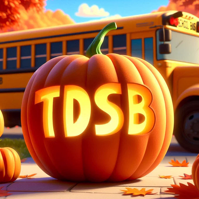 An illustration of a pumpkin with 'tdsb' carved into it, set against a vibrant autumn background featuring a sunny sky and a school bus.