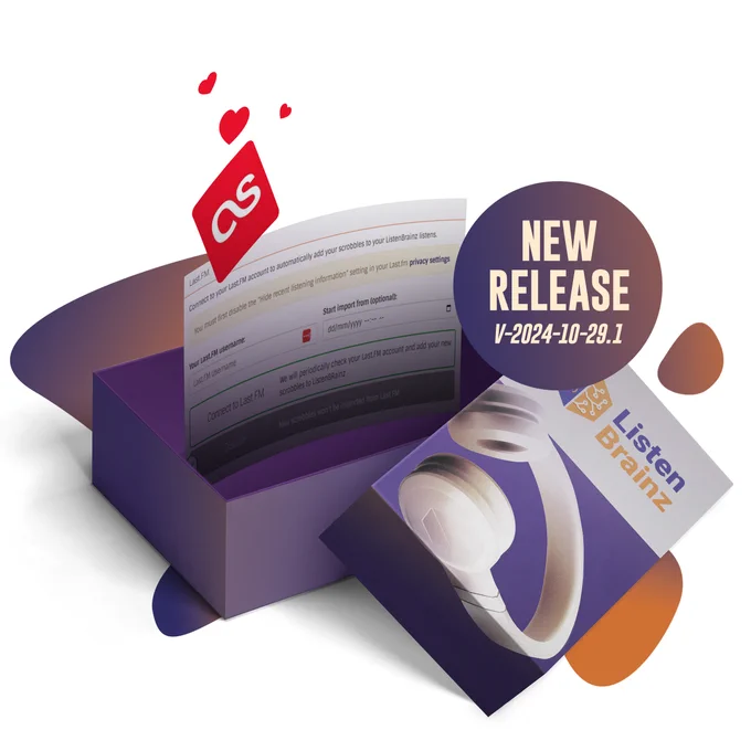 A mockup of a open ListenBrainz ‘box’ with the text: “New Release, v-2024-10-29.1”. A screenshot of the new last.fm sync feature is coming out of the box.
