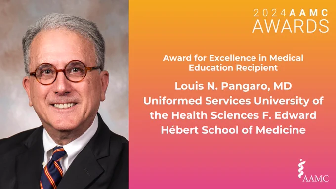On the left a headshot of a smiling man wearing round glasses, and a white shirt and dark tie under a dark jacket. On the right, an orange to pink gradient background with white text that reads “2024 AAMC Awards, Award for Excellence in Medical Education Recipient, Louis N. Pangaro, MD, Uniformed Services University of the Health Sciences F. Edward Hébert School of Medicine”. White AAMC logo at the bottom right.