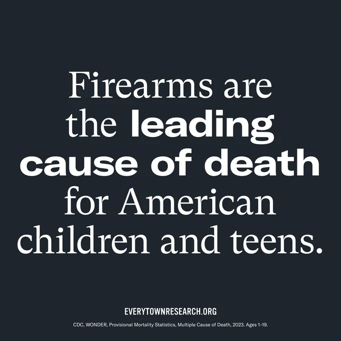 Text image stating: 'Firearms are the leading cause of death for American children and teens. Sources: CDC, WONDER, Provisional Mortality Statistics, Multiple Cause of Death, Ages 1-19. EverytownResearch.org.'
