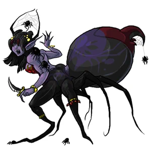 A purple-skinned woman with a blue-black spider thorax and abdomen is looking over her muscular shoulder.  She has her mouth open to show fangs, is holding a short curved knife, and is covered in solid black spiders.  Her abdomen has a curved blood-red stinger at the end, and her top and leg jewelry are made of red gems.  Say hello, if you wish (or maybe goodbye, very quickly) to Nightlady.