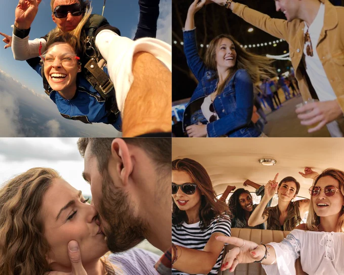 Four pictures of a woman, skydiving, dancing with a man, kissing a man, and riding in the car with four other women who are dancing in their seats.