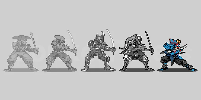 A pixel art rendition of Yoshimitsu's Tekken 2, 3, 4, 7, and 8 outfits