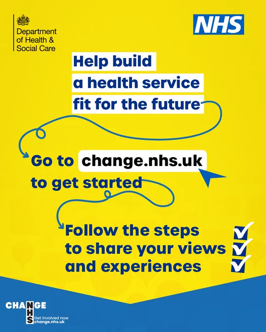 Help build a health service fit for the future. Go to change.nhs.uk to get started. Follow the steps to share your views and experiences.
