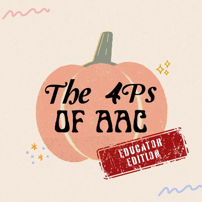 Squiggles and stars are on different spaces around the light brown background. In the middle there's a pumpkin and on top it says "The 4Ps of AAC" In the bottom corner there is a stamped image that says "Educator Edition."