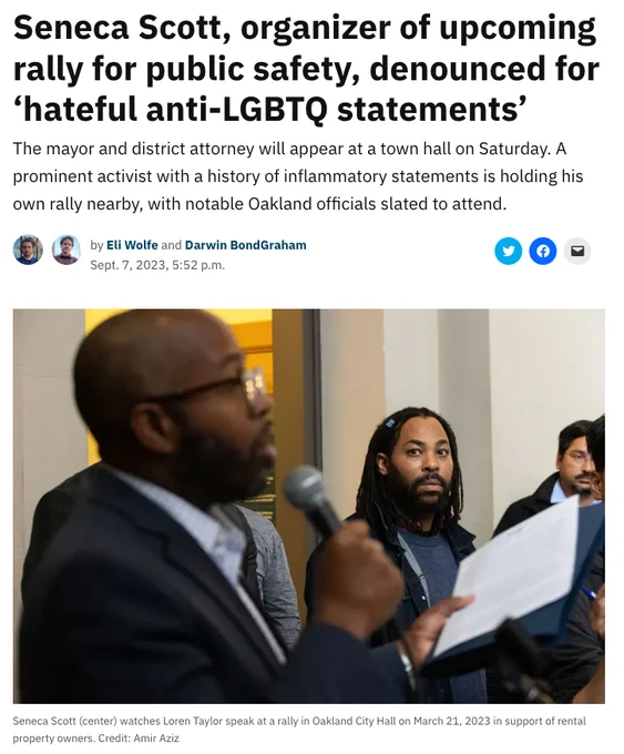Seneca Scott, organizer of upcoming rally for public safety, denounced for ‘hateful anti-LGBTQ statements’
The mayor and district attorney will appear at a town hall on Saturday. A prominent activist with a history of inflammatory statements is holding his own rally nearby, with notable Oakland officials slated to attend.