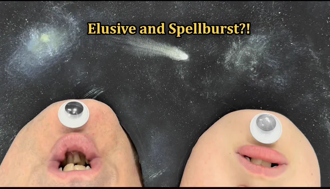 Screenshot from our Great Dark Beyond reveal showing the Chinwagglians in person. The captain looks surprised. On screen subtitle: “Elusive and Spellburst?!”