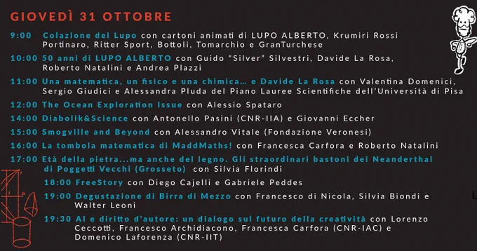 Programma completo di giovedì 31 ottobre per il Comics&Science PALACE in via della Zecca 41, Lucca