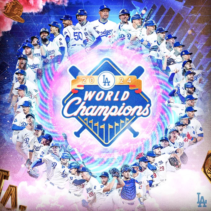A graphic announcing the Dodgers as the 2024 World Series Champions with cutouts of players from the team this year.