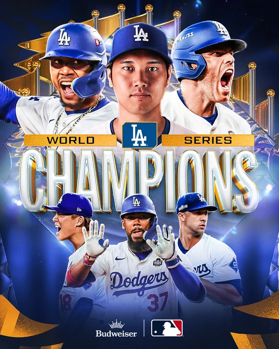 Los Angeles Dodgers
2024 World Series Champions
Pictured: Cutouts of Mookie Betts, Shohei Ohtani, Freddie Freeman, Yoshinobu Yamamoto, Teoscar Hernández, and Jack Flaherty wearing white Dodgers jerseys.