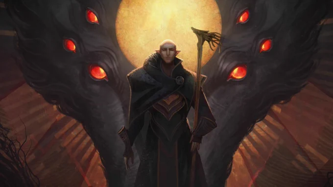 An illustration screen from Dragon Age: The Veilguard, showing the character Solas in front of a huge image of a multi-eyed wolf.