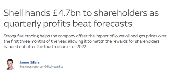 Shell hands £4.7bn to shareholders as quarterly profits beat forecasts
Strong fuel trading helps the company offset the impact of lower oil and gas prices over the first three months of the year, allowing it to match the rewards for shareholders handed out after the fourth quarter of 2022.