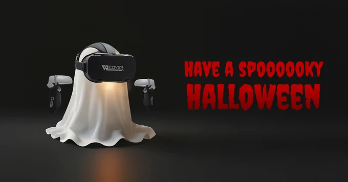 A traditional white sheet ghost is wearing a VR headset with the VR Cover logo. To the left and right of the ghost, there is a VR controller with a VR Cover controller grip. Text beside the ghost  reads 'Have a spoooooky Halloween'. This post is shared to wish followers a Happy Halloween.