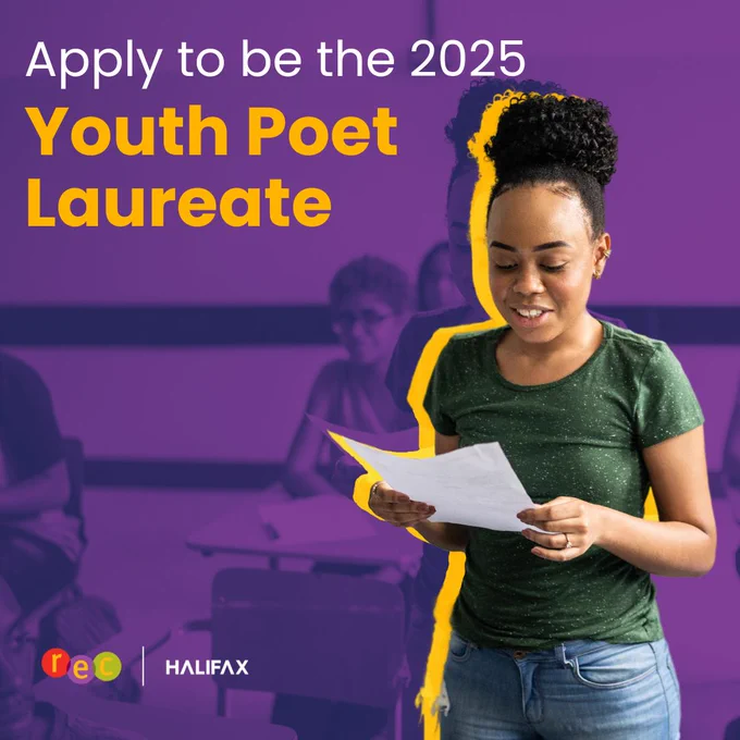 A photo of a youth poet reciting a poem in front of a group of peers on a vivid purple background. Text reads: apply to the 2025 Youth Poet Laureate.