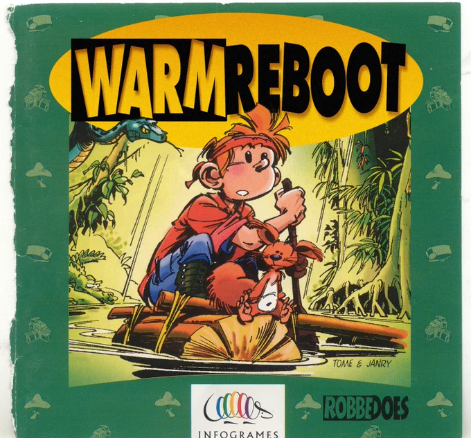Gameboy game cover of Spirou with the title 'Spirou' replaced by 'WarmReboot'