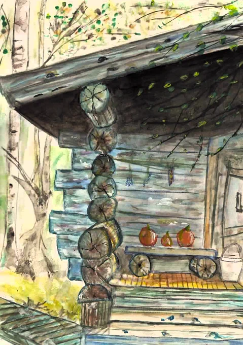  "A tranquil cabin nestled in the forest, accompanied by a few pumpkins on the bench. Autumn brings a touch of magic to every corner of nature. 🍂🎨"
