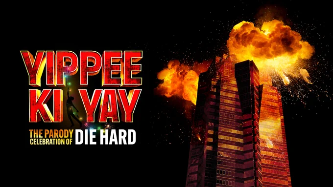 A skyscraper with flames billowing out at the top like explosions alongside the title of Yippee Ki Yay the parody celebration of Die hard, with a silhouette of man dangling from fairy lights
