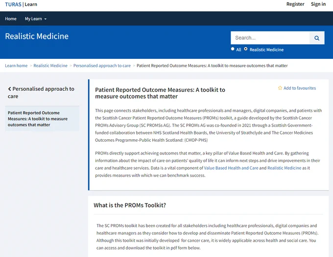 screenshot of the Realistic Medicine Turas site for the PROMs toolkit