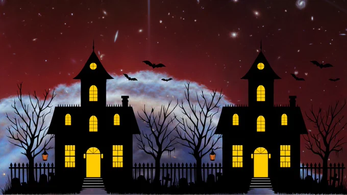 Halloween landscape with houses added on top of an astronomical image. In the image a small portion of the Horsehead Nebula is seen close-in, as a curved wall of thick, smoky gas and dust. Above the nebula various distant stars and galaxies can be seen up to the top of the image. 