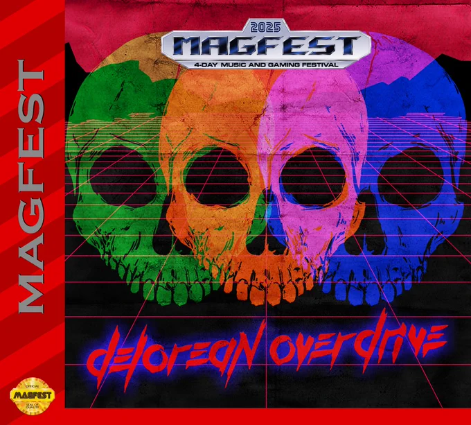 The band logo for Delorean Overdrive is displayed. A background reminiscent of 80's futurism features black squares and red lines with three overlapping skulls in the colorway of old-school 3D.