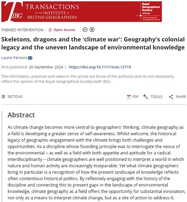 Title and abstract for 'Skeletons, dragons and the ‘climate war’: Geography's colonial legacy and the uneven landscape of environmental knowledge' by Laurie Parsons in Transactions of the Institute of British Geographers.