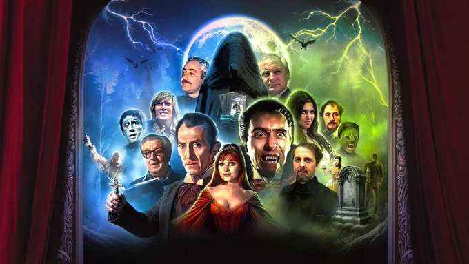 Collage of characters from the Hammer film series, including depictions of well-known characters including vampires