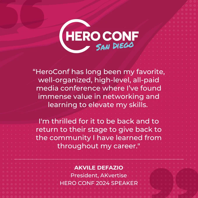 "HeroConf  has long been my favorite, well-organized, high-level, all-paid media conference where I've found immense value in networking and learning to elevate my skills. 

"I'm thrilled for it to be back and to return to their stage to give back to the community I have learned from throughout my career." 

@AkvileDeFazio, President @AKvertise and Hero Conf Speaker 2024