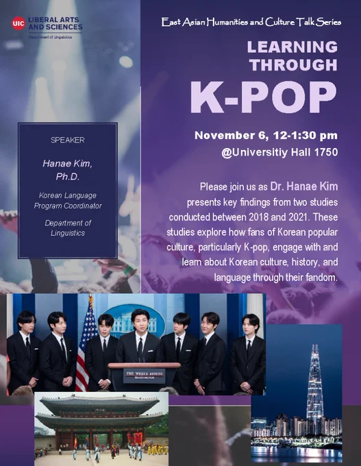 Purple flyer with picture of BTS behind podium and photos of Seoul and Korean architecture 