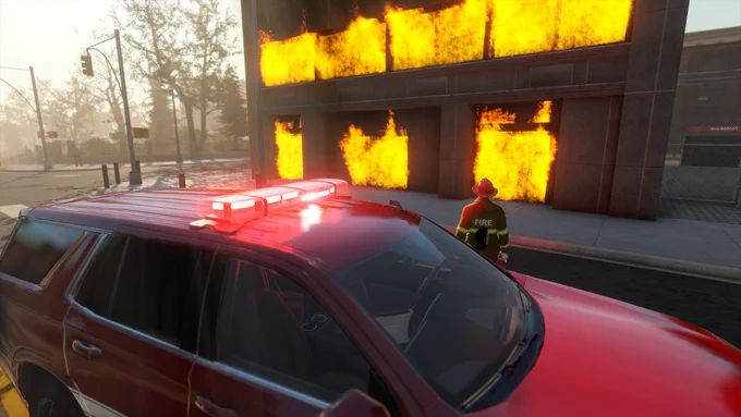 A screenshot from Flashing Lights, featuring a fire department car, a firefighter and a building on fire, with a lightbar flashing on top of the vehicle.