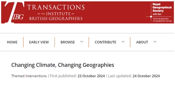 Screenshot of the ‘Changing Climate, Changing Geographies’ page on the Transactions of the Institute of British Geographers website